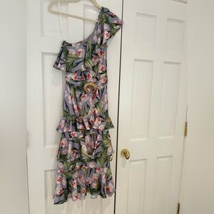 PatBO One-Shoulder Silk Floral Dress in Purple and Green with matching belt